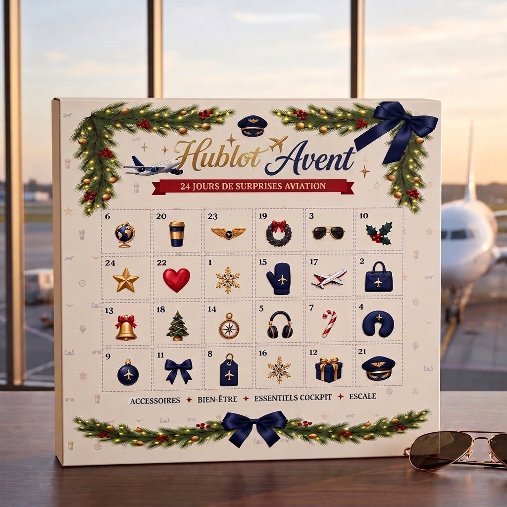 Calendrier de l'Avent aviation Hublot Avent, 24 portes, devant une baie vitrée d'aéroport